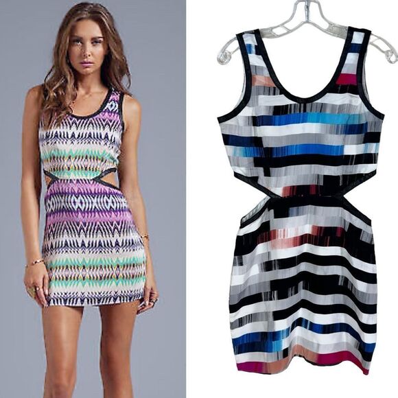 Parker Silk Cutout Rainbow Mini Dress Leather Contrast Tank Colorful Summer M - Picture 1 of 13